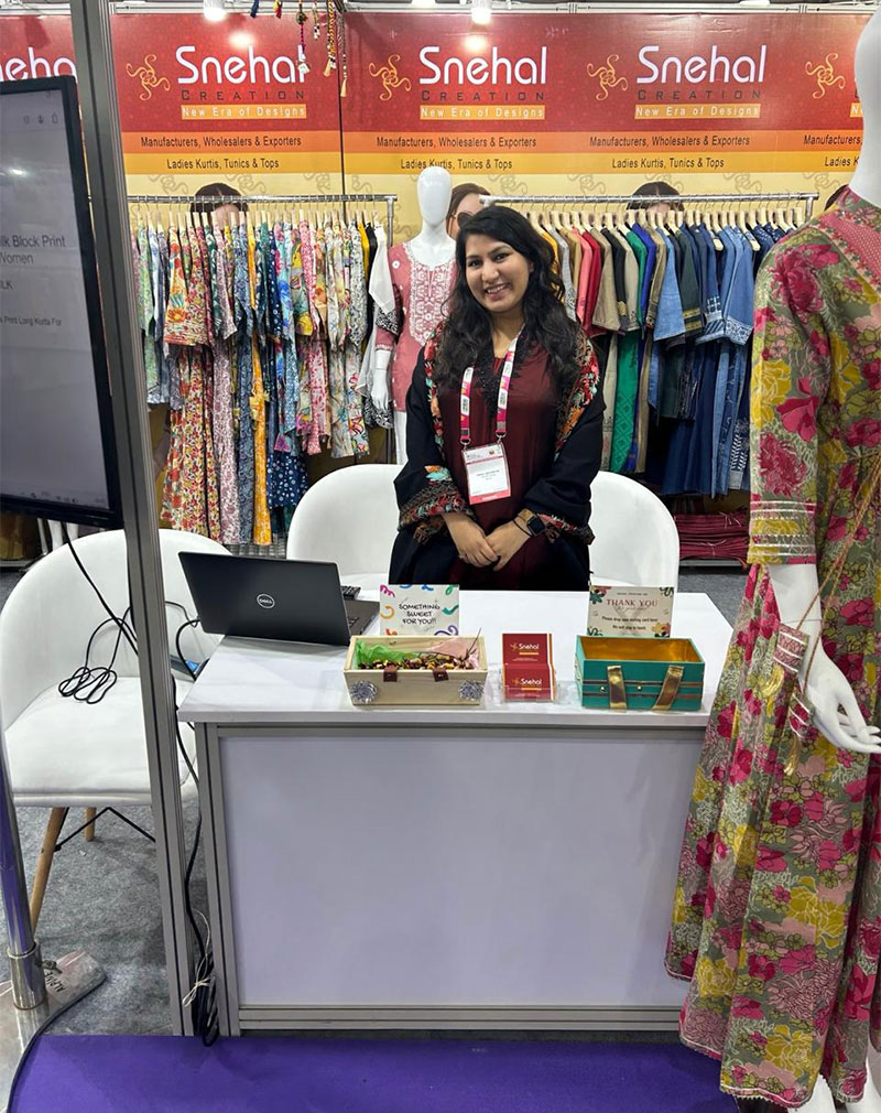 Snehal Creation ethnic wear display at Bharat Tex 2024 textile expo, New Delhi