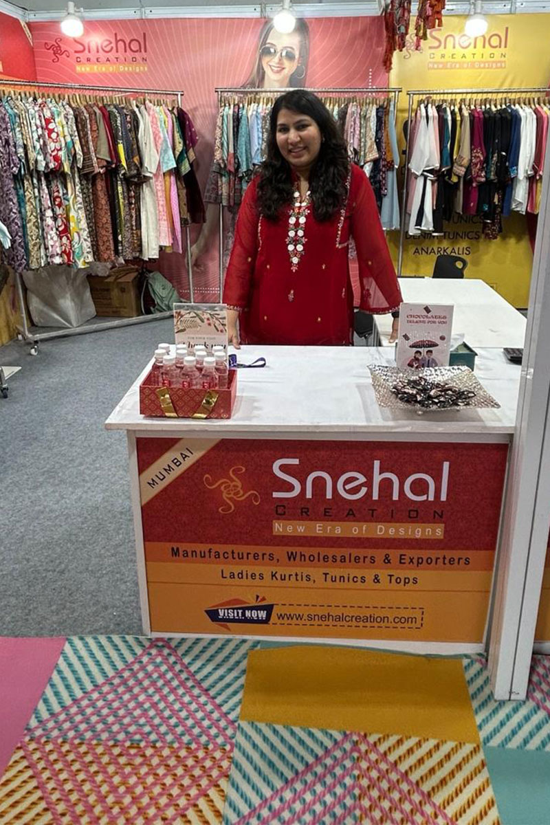 Snehal Creation booth display of kurtis and Anarkalis at CMAI 80th Garment Fair 2025, Mumbai