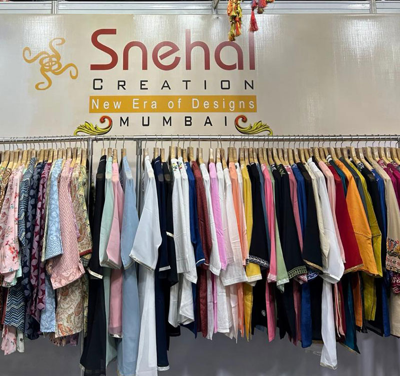 Rack of Snehal Creation ladies kurtis and tunics on display at Bharat Tex 2025, New Delhi