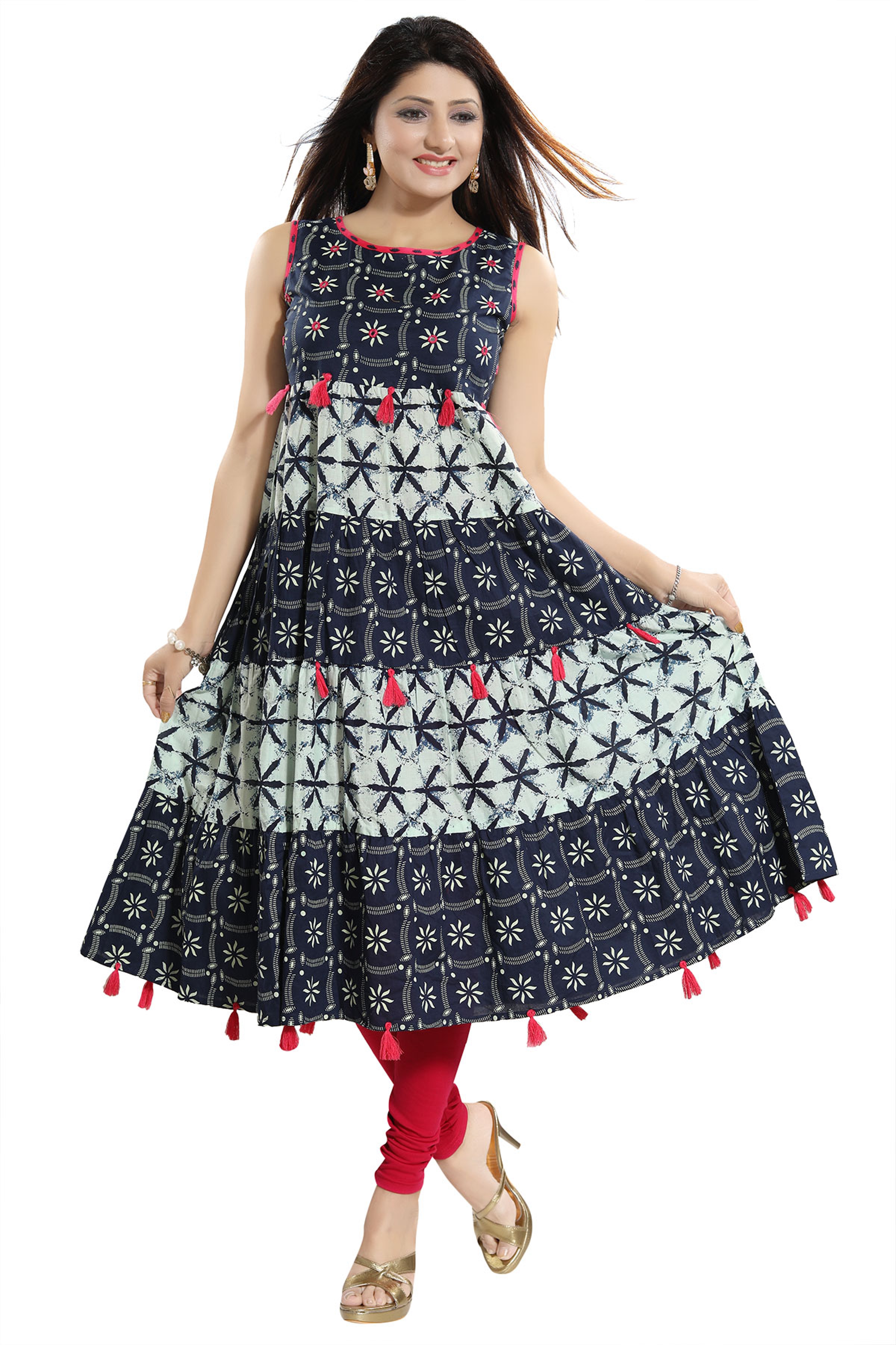 Beauteous Ethnic Blue Kalidaar Kurti with Pom Pom Detailing