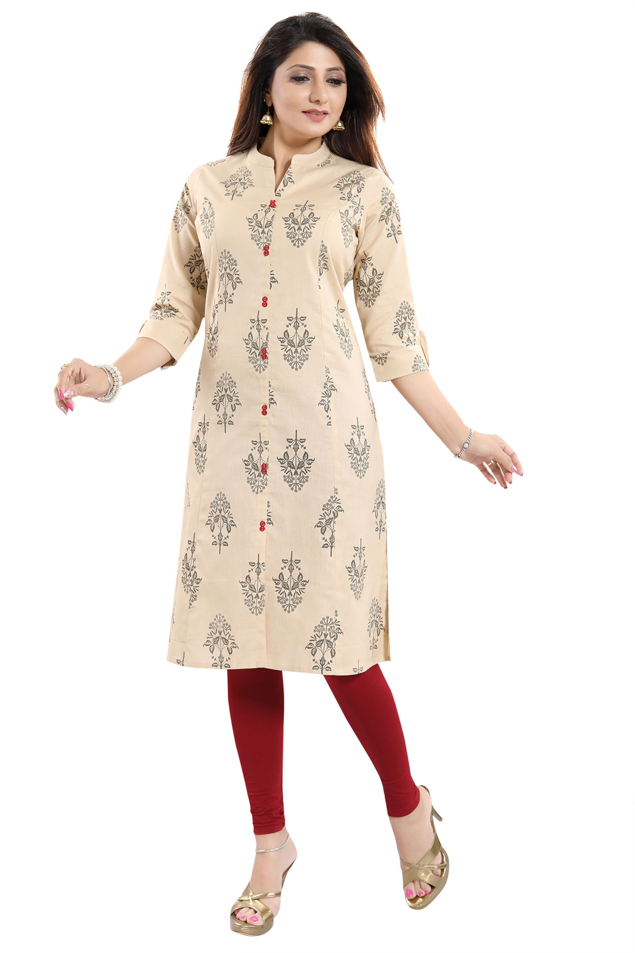 Best Look Beige Cotton Printed Shirt Style Front Open Kurti with Print Design