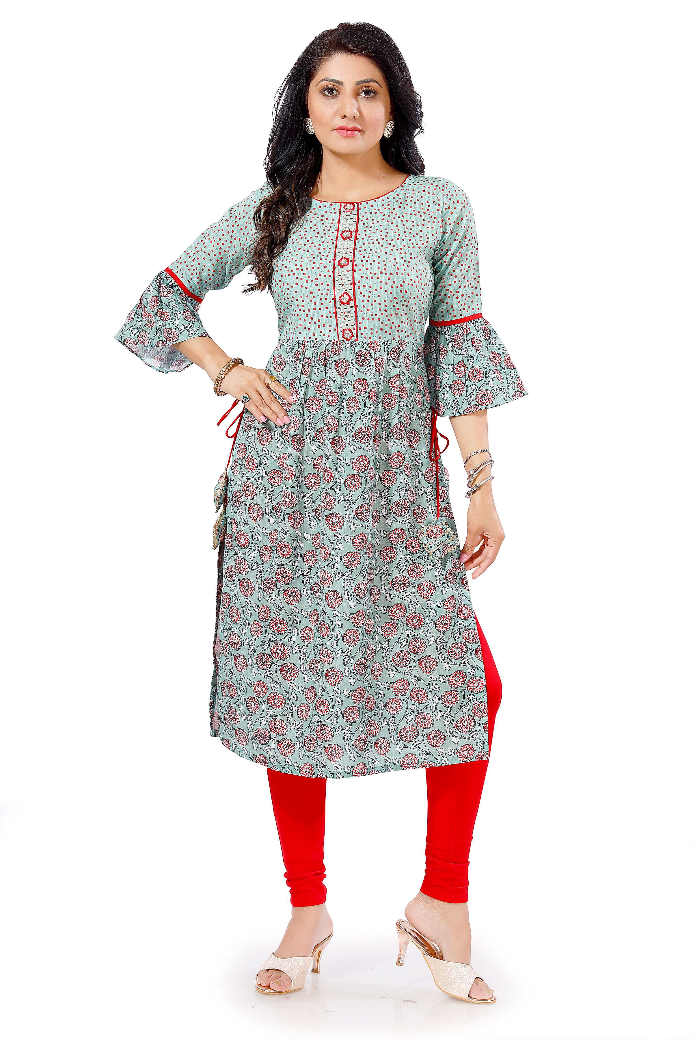 Light Green Cotton Naira Cut Designer Kurti For Women