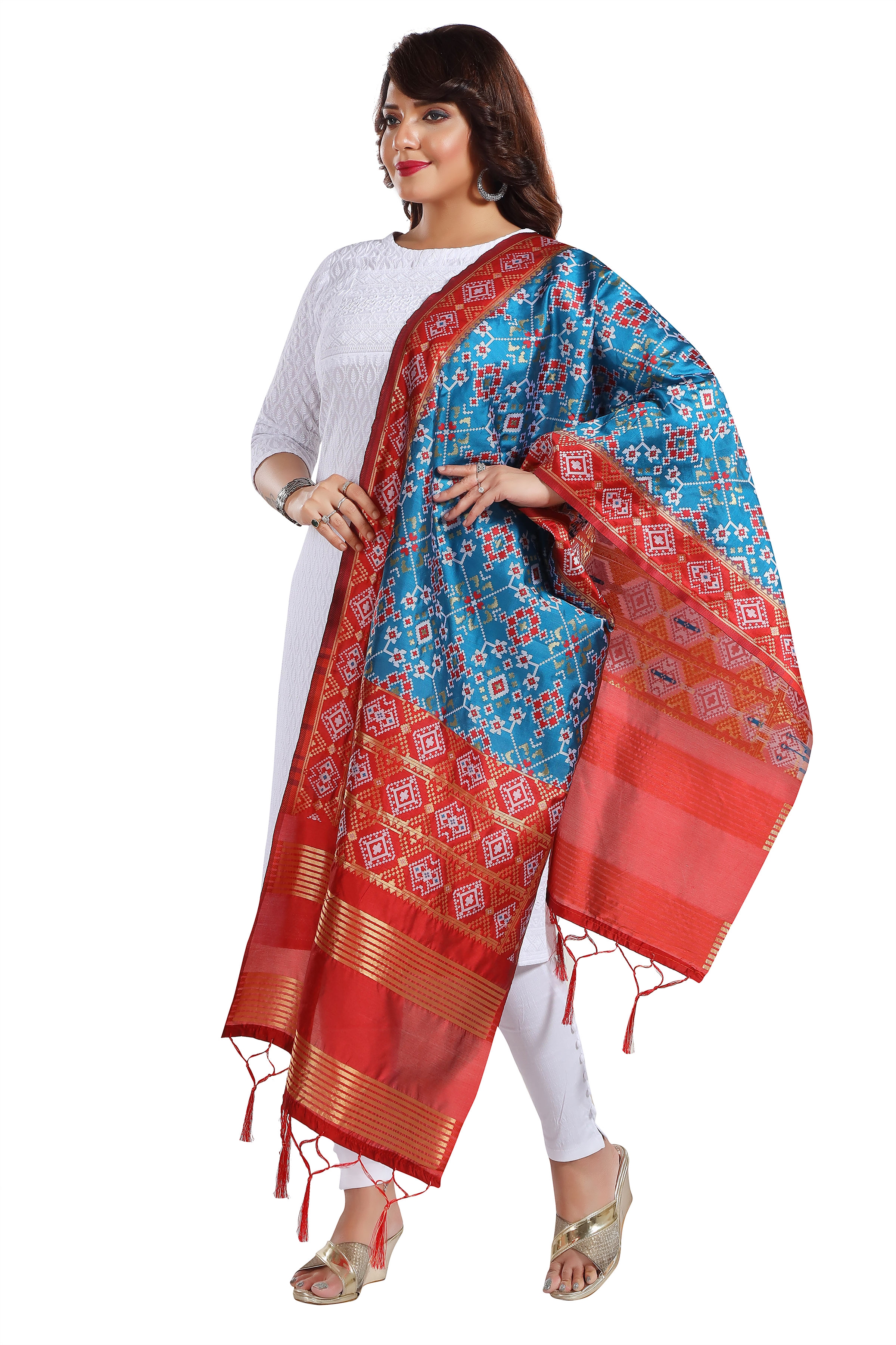 Turquoise Banarasi Silk Ikat Patola Dupatta for Cultural Elegance