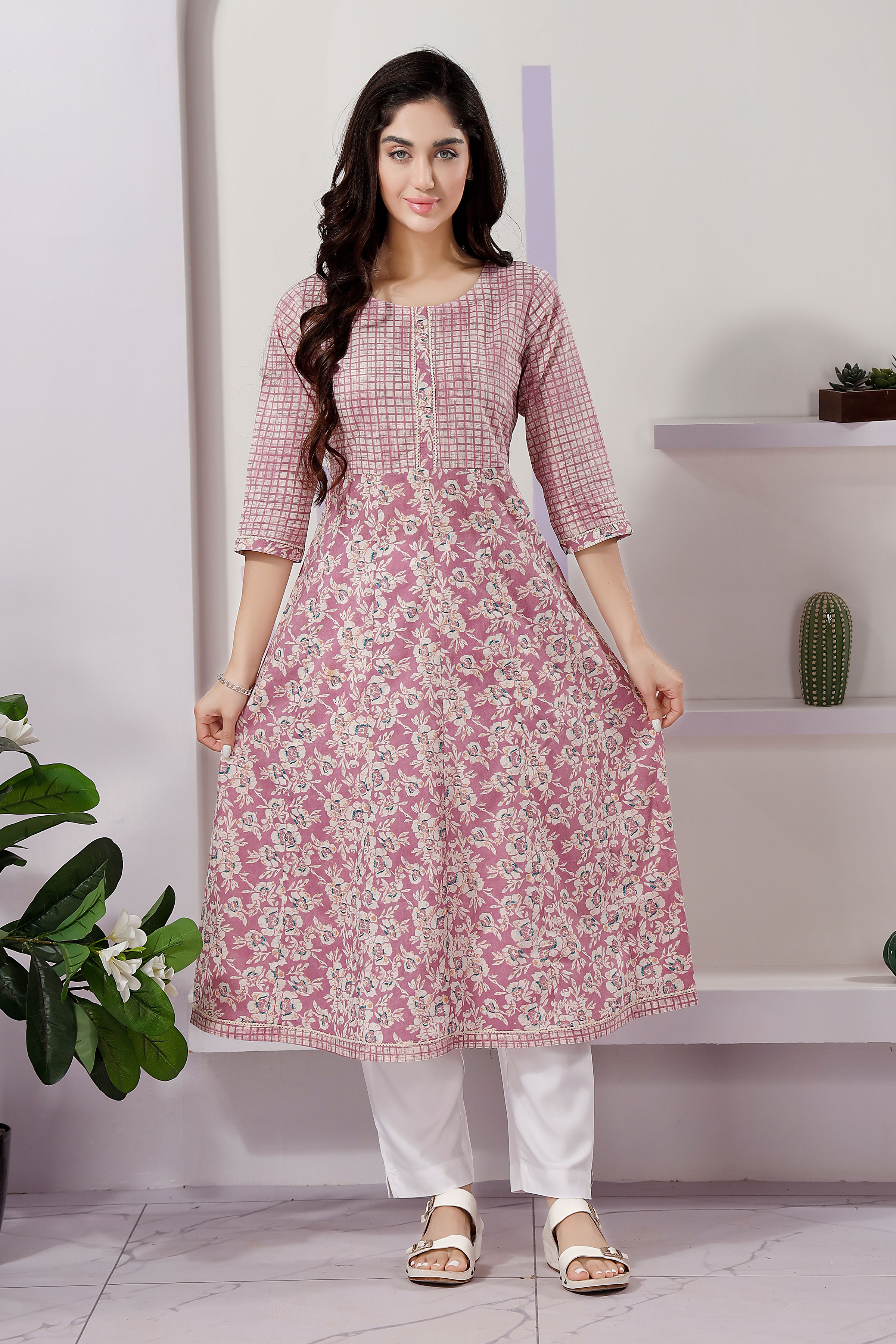 Fashionable Pink Anarkali Kurti in Cotton with Mixed Print Patterns