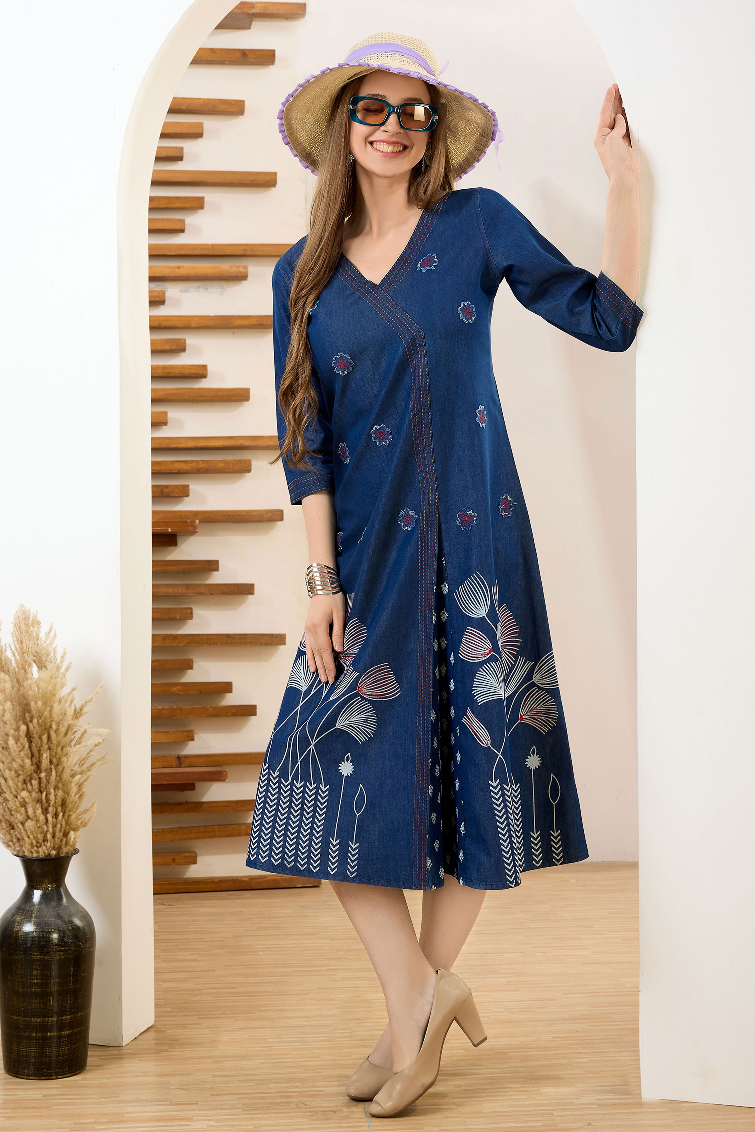 Gorgeous Denim Blue V Neck A Line Indo Western Dress