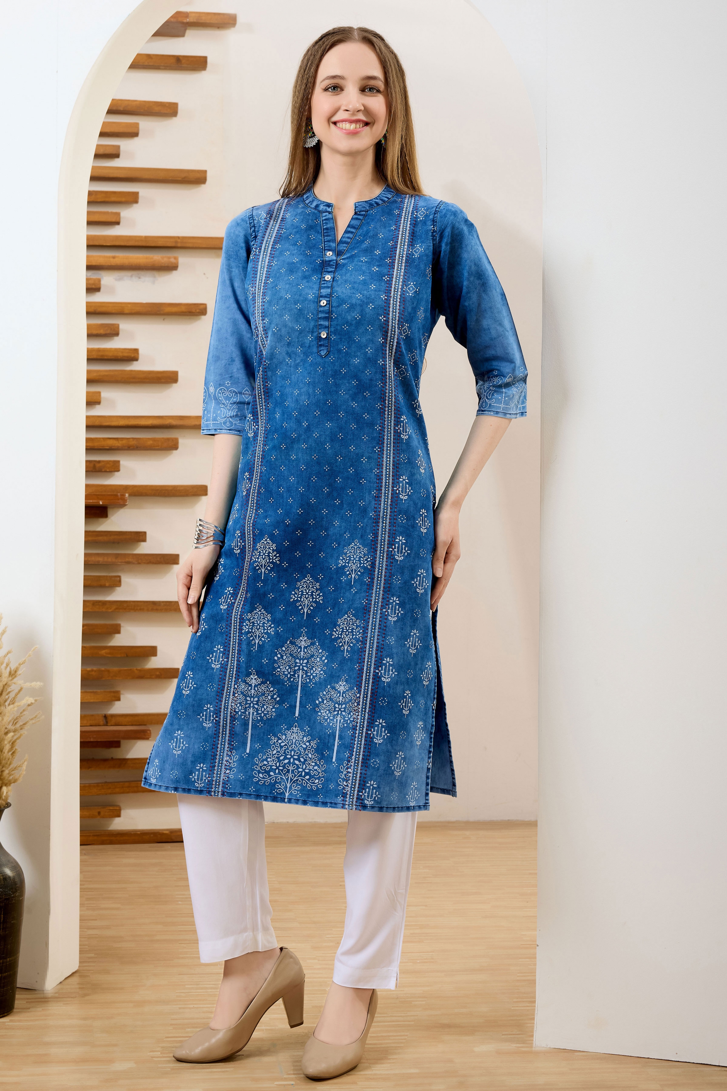 Blue Long Denim Kurta With Ethnic Print And Thread Work