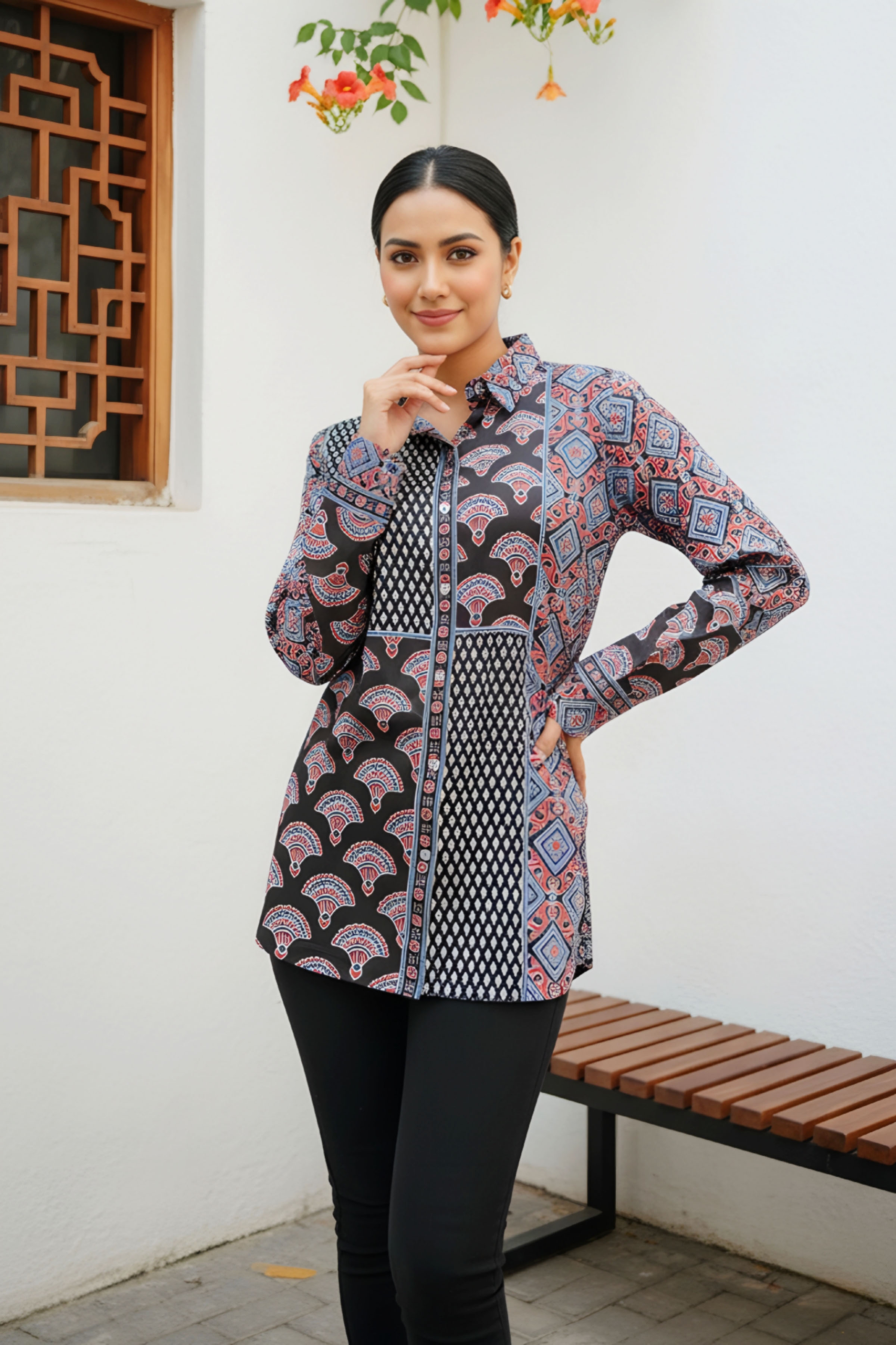 Black Womens Modal Azrakh Print Shirt Style Kurti Top
